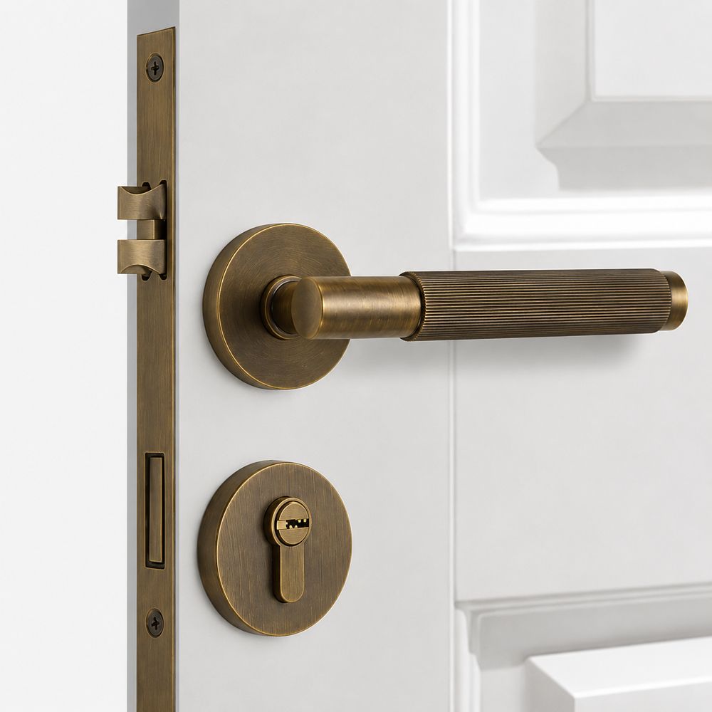 Milano deurklink in Antique Bronze met cilinderrozet op een witte paneeldeur